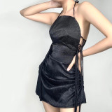 Jacquard lace-up dress summer pleated sexy halterneck skirt