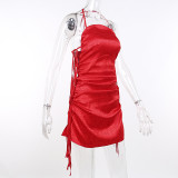 Jacquard lace-up dress summer pleated sexy halterneck skirt