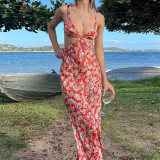 Floral Print Sling Hollow Holiday Beach Seaside Dress Spring Summer Sexy Long Dress