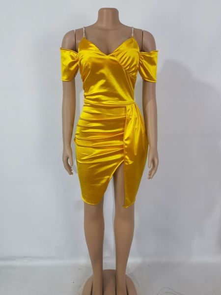 Nightclub sexy solid color satin thong diamond shoulder strap dress women