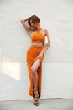 Knitted top and long skirt with slits and buttons sexy two-piece set