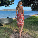 Floral Print Sling Hollow Holiday Beach Seaside Dress Spring Summer Sexy Long Dress