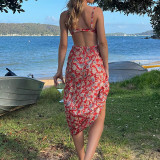 Floral Print Sling Hollow Holiday Beach Seaside Dress Spring Summer Sexy Long Dress