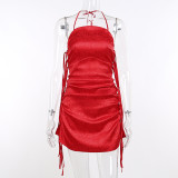 Jacquard lace-up dress summer pleated sexy halterneck skirt