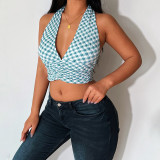 Sexy V-neck strappy halter top plaid show chest vest women