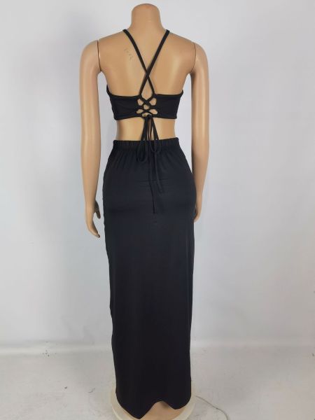 Knitted top and long skirt with slits and buttons sexy two-piece set