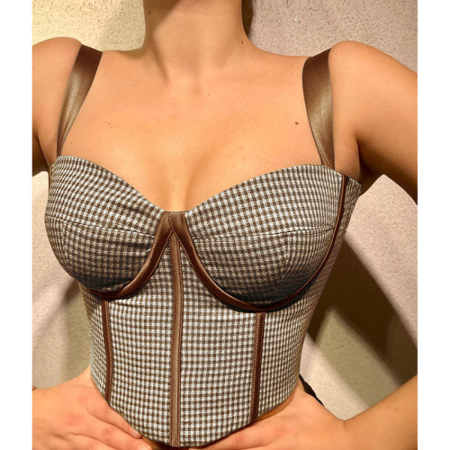 Ribbon Suspender Cropped Check Top Feminine Tunic Tank Top