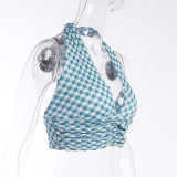 Sexy V-neck strappy halter top plaid show chest vest women