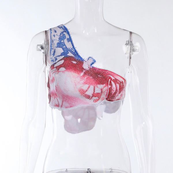 Butterfly Vest One Shoulder Sexy Contrast Color Tie Dye Show Navel Tube Top