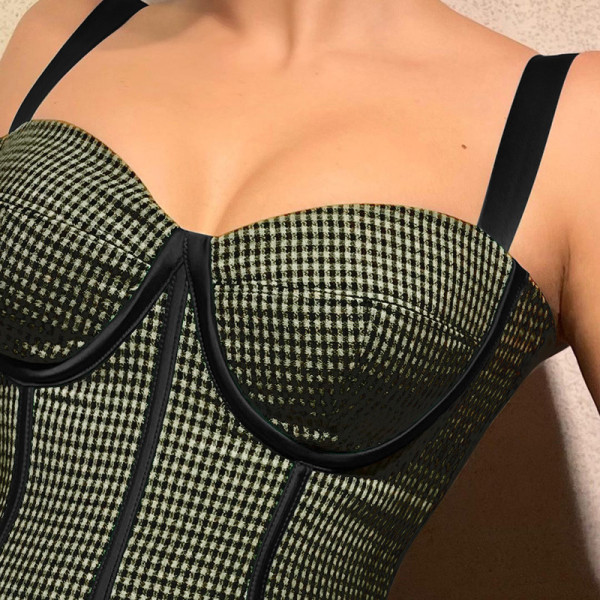 Ribbon Suspender Cropped Check Top Feminine Tunic Tank Top