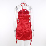 Jacquard lace-up dress summer pleated sexy halterneck skirt
