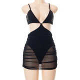 women's sling hollow mesh stitching dress