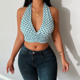 Sexy V-neck strappy halter top plaid show chest vest women