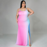 Spring sexy milk silk suspender type round neck slit skirt loose gradient dress