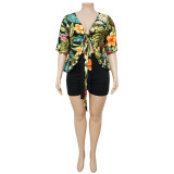 Plus Size Two Piece Printed Casual T-Shirt Shorts Set