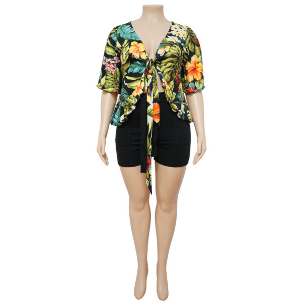 Plus Size Two Piece Printed Casual T-Shirt Shorts Set