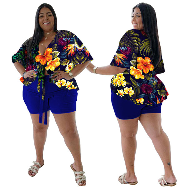 Plus Size Two Piece Printed Casual T-Shirt Shorts Set