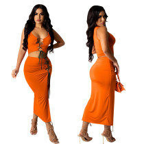 Sexy Sleeveless Solid Color Tie Slit Skirt Two Piece Set Sexy Sleeveless Solid Color Tie Slit Skirt Two Piece Set