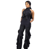 Nightclub clothing fashion sexy open back wide leg ruffle jumpsuit