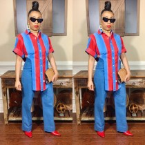 Women's Denim Panel Slit Contrast Top