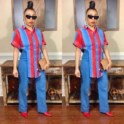 Women's Denim Panel Slit Contrast Top