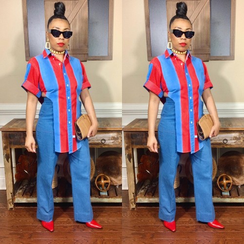 Women's Denim Panel Slit Contrast Top