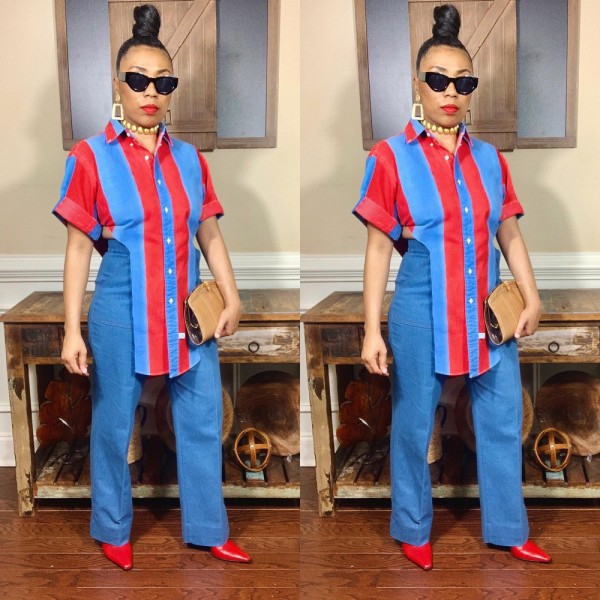 Women's Denim Panel Slit Contrast Top