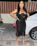 Solid color mesh stitching sexy suspender wrap chest hollow beard mid skirt dress
