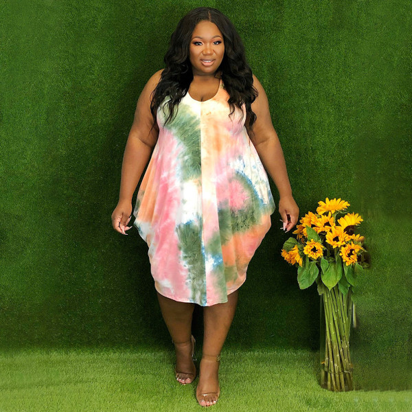 Mid Skirt Sleeveless Tie Dye Print Loose Waist Dress Small Fragrance Urban Casual