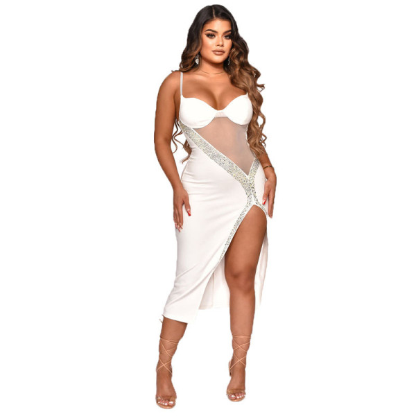 Nightclub sexy women's hot and diamond-studded see-through mesh suspender dress