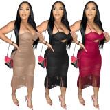 Solid color mesh stitching sexy suspender wrap chest hollow beard mid skirt dress