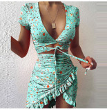Women's V-Neck Printed Multicolor Tie-Up Short Sleeve Irregular Ruffle Dress