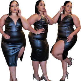 Plus Size Ladies Fashion Casual Sling PU Leather Dress