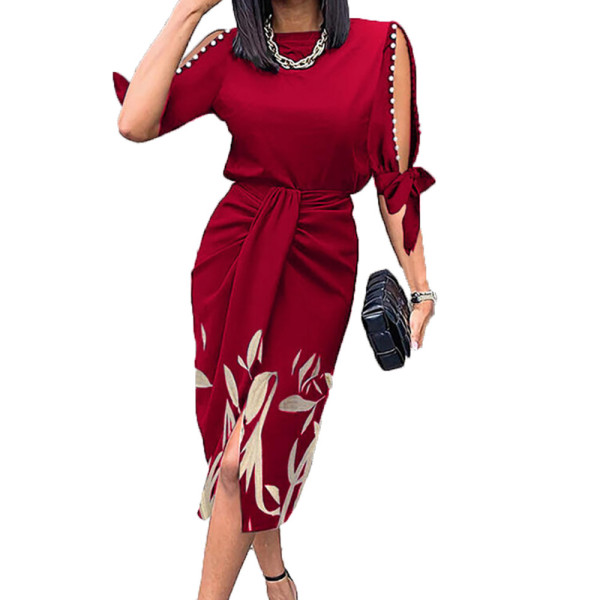 Half-Sleeve Tie Cutout Print Sleeve Slim Fit Dress