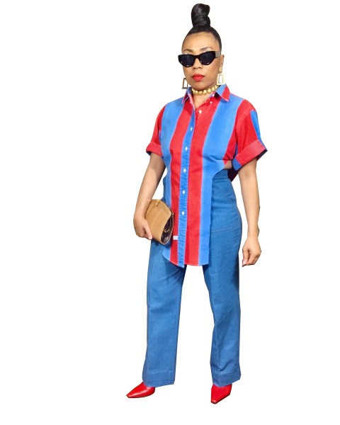 Women's Denim Panel Slit Contrast Top