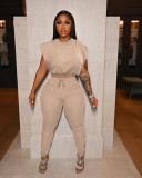 Women's Solid Color Tight Sleeveless Shoulder Pad T-Shirt String Pocket Two Piece
