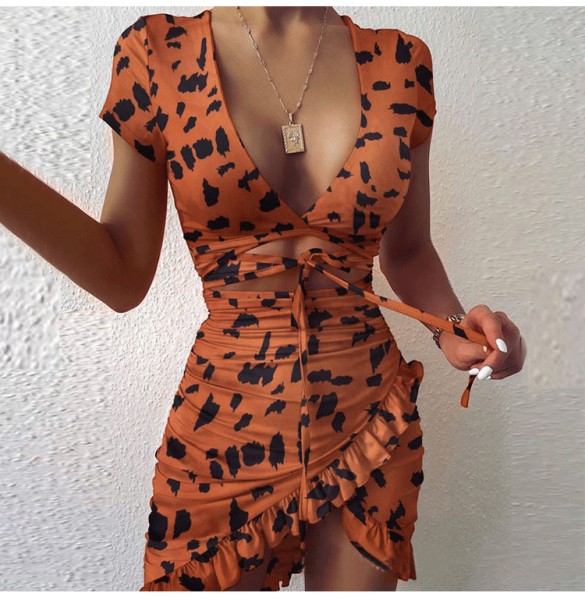 Women's V-Neck Printed Multicolor Tie-Up Short Sleeve Irregular Ruffle Dress