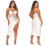 Nightclub sexy women's hot and diamond-studded see-through mesh suspender dress