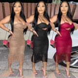 Solid color mesh stitching sexy suspender wrap chest hollow beard mid skirt dress