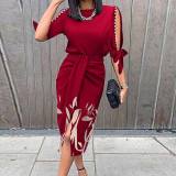 Half-Sleeve Tie Cutout Print Sleeve Slim Fit Dress