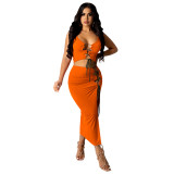 Sexy Sleeveless Solid Color Tie Slit Skirt Two Piece Set
