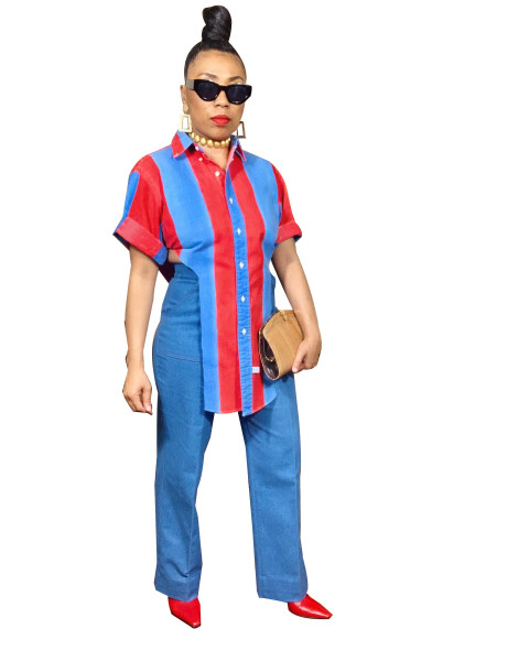 Women's Denim Panel Slit Contrast Top