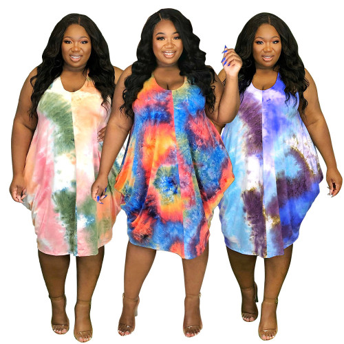 Mid Skirt Sleeveless Tie Dye Print Loose Waist Dress Small Fragrance Urban Casual