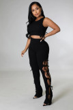 Sexy Women's Solid Color Pit Strips Lace Hollow Two-piece Set