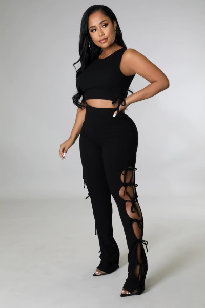 Sexy Women's Solid Color Pit Strips Lace Hollow Two-piece Set