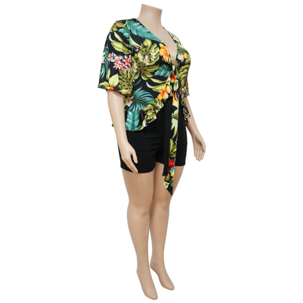 Plus Size Two Piece Printed Casual T-Shirt Shorts Set