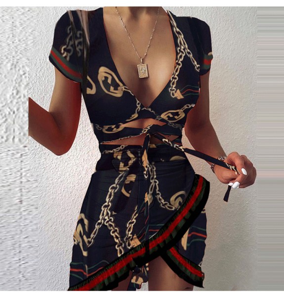 Women's V-Neck Printed Multicolor Tie-Up Short Sleeve Irregular Ruffle Dress