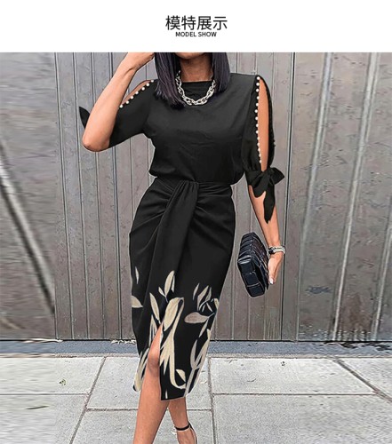 Half-Sleeve Tie Cutout Print Sleeve Slim Fit Dress