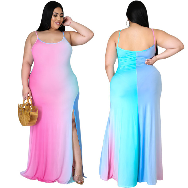 Spring sexy milk silk suspender type round neck slit skirt loose gradient dress