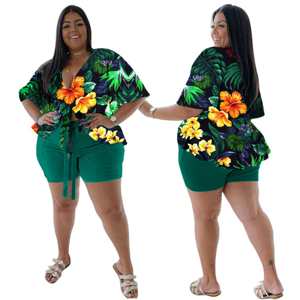Plus Size Two Piece Printed Casual T-Shirt Shorts Set
